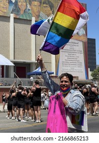 LOS ANGELES, June 12th 2022: LA Pride Gay Pride Parade 2022 In Hollywood, California. Man Waves Mexican Pride Flag.