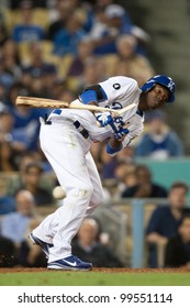 LOS ANGELES - JUNE 13: Los Angeles Dodgers SS Dee Gordon #9 Breaks His Bat During The Major League Baseball Game On June 13 2011 At Dodger Stadium In Los Angeles.