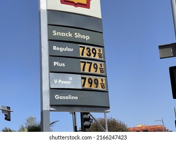 LOS ANGELES, June 8th 2022: High Gas Prices. Close Up Of A Shell Gas Station Sign Displaying Record-breaking Prices Of Just Under 8 Dollars A Gallon.