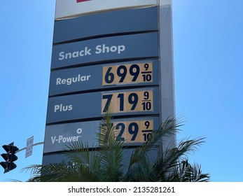 LOS ANGELES, March 11th, 2022: High Gas Price Gas Station Sign Close Up Showing Prices Of Over 7 Dollars A Gallon.