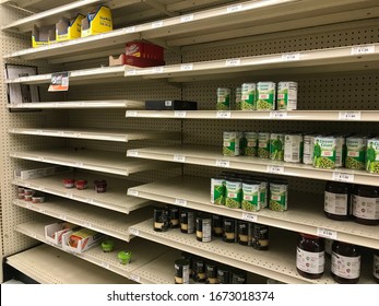 LOS ANGELES, March 14th, 2020: Empty Grocery Canned Foods Shelves A Big Lots Store In West LA, As Panicked Buyers Stock Up On Goods In Fear Of The Coronavirus Pandemic.