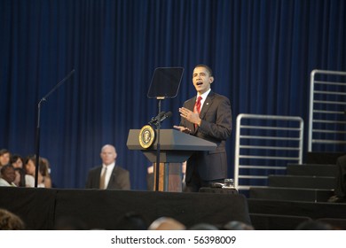LOS ANGELES - MARCH 19: President Barack Obama speaking at a town hall meeting at the Miguel Contreras Learning Center on March 19, 2009 in Los Angeles. - Shutterstock ID 56398009