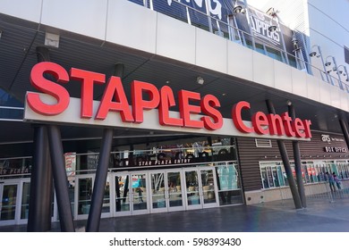 LOS ANGELES, MARCH 1ST, 2017: Staples Center Logo At The Entrance To Staples Center Opposite LA Live In Downtown Los Angeles, Home To The Lakers, Clippers And Kings Sport Franchises.