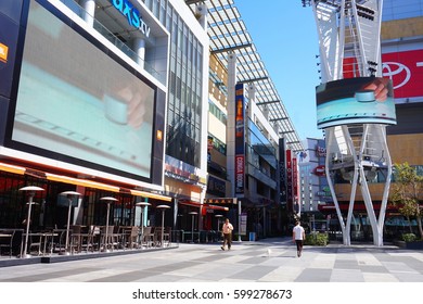 LOS ANGELES, MARCH 1ST, 2017: The Jumbotron Giant Television Screen At Microsoft Square (formerly Nokia Plaza) At L.A. Live In Downtown Los Angeles, Near The Staples Center.