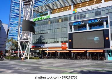 LOS ANGELES, MARCH 1ST, 2017: The Jumbotron Giant Television Screen At Microsoft Square (formerly Nokia Plaza) At L.A. Live In Downtown Los Angeles, Near The Staples Center.