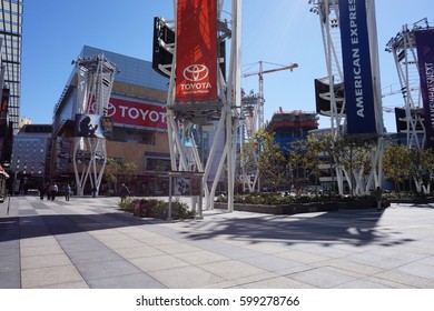 LOS ANGELES, MARCH 1ST, 2017: Wide Shot Of An Empty Microsoft Square (formerly Nokia Plaza) At L.A. Live In Downtown Los Angeles, Opposite The Staples Center.