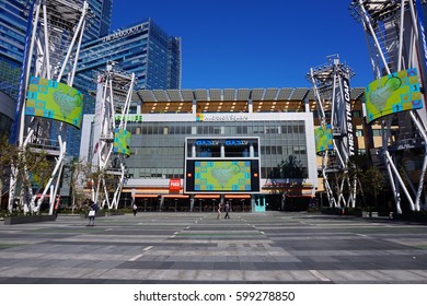 LOS ANGELES, MARCH 1ST, 2017: Wide Shot Of An Empty Microsoft Square (formerly Nokia Plaza) With Its Giant, Colorful Television Screens, At L.A. Live In Downtown Los Angeles, Opposite Staples Center.