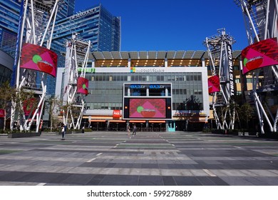 LOS ANGELES, MARCH 1ST, 2017: Wide Shot Of An Empty Microsoft Square (formerly Nokia Plaza) With Its Giant, Colorful Television Screens, At L.A. Live In Downtown Los Angeles, Opposite Staples Center.