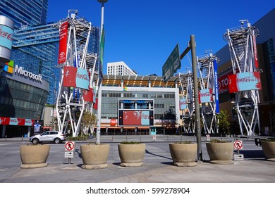 LOS ANGELES, MARCH 1ST, 2017: Wide Shot Of An Empty Microsoft Square (formerly Nokia Plaza) At L.A. Live In Downtown Los Angeles, Opposite The Staples Center.