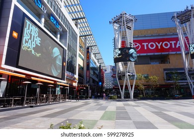 LOS ANGELES, MARCH 1ST, 2017: The Jumbotron Giant Television Screen At Microsoft Square (formerly Nokia Plaza) At L.A. Live In Downtown Los Angeles, Near The Staples Center.