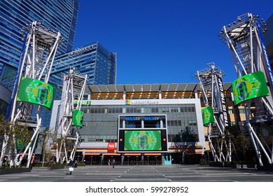 LOS ANGELES, MARCH 1ST, 2017: Wide Shot Of An Empty Microsoft Square (formerly Nokia Plaza) With Its Giant, Colorful Television Screens, At L.A. Live In Downtown Los Angeles, Opposite Staples Center.