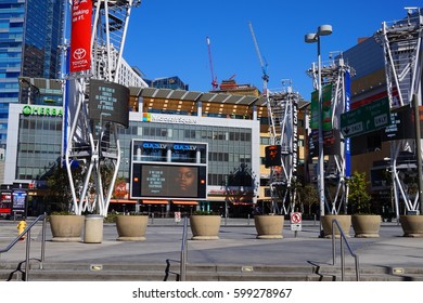 LOS ANGELES, MARCH 1ST, 2017: Wide Shot Of An Empty Microsoft Square (formerly Nokia Plaza) At L.A. Live In Downtown Los Angeles, Opposite The Staples Center.