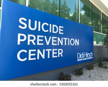 LOS ANGELES, March 27th, 2019: Suicide Prevention Center Sign Extreme Close Up In Front Of Didi Hirsch Mental Health Services Building. September Is National Suicide Prevention Awareness Month.