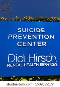 LOS ANGELES, March 27th, 2019: Suicide Prevention Center Sign Extreme Close Up In Front Of Didi Hirsch Mental Health Services Building. September Is National Suicide Prevention Awareness Month.