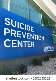 LOS ANGELES, March 27th, 2019: Suicide Prevention Center Sign Extreme Close Up In Front Of Didi Hirsch Mental Health Services Building. September Is National Suicide Prevention Awareness Month.