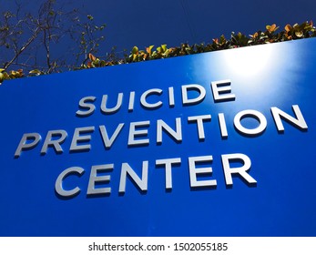 LOS ANGELES, March 27th, 2019: Suicide Prevention Center Sign Extreme Low Angle Close Up. September Is National Suicide Prevention Awareness Month.