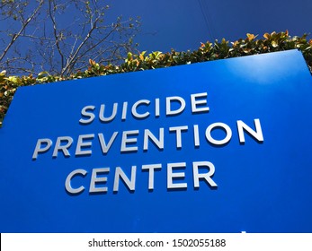 LOS ANGELES, March 27th, 2019: Suicide Prevention Center Sign Extreme Low Angle Close Up. September Is National Suicide Prevention Awareness Month.