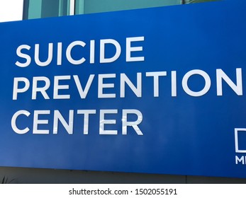 LOS ANGELES, March 27th, 2019: Suicide Prevention Center Sign Extreme Close Up. September Is National Suicide Prevention Awareness Month.