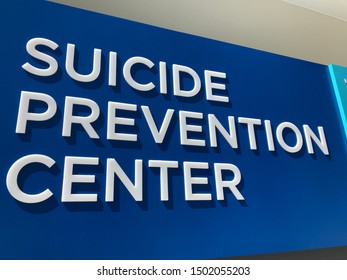 LOS ANGELES, March 27th, 2019: Suicide Prevention Center Sign Extreme Close Up. September Is National Suicide Prevention Awareness Month.