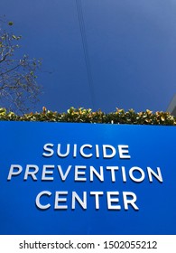 LOS ANGELES, March 27th, 2019: Suicide Prevention Center Sign Extreme Close Up. September Is National Suicide Prevention Awareness Month.