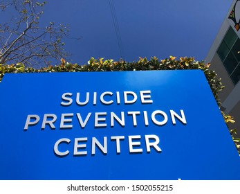 LOS ANGELES, March 27th, 2019: Suicide Prevention Center Sign Extreme Close Up. September Is National Suicide Prevention Awareness Month.