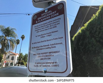 LOS ANGELES, March 27th, 2020: Sign Directed At Homeless People In Hollywood Warns Of Tent Restrictions And A Property Removal Ordinance. Homelessness Has Increased Dramatically In LA.