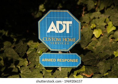 Los Angeles March 5, 2021:
Selective Focus Of ADT Security Yard Sign Day Exterior