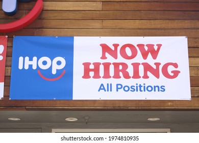 Los Angeles - May 15, 2021: 
IHOP Restaurant Now Hiring Job Listing Sign 