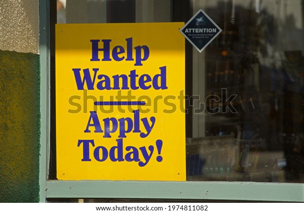 Los Angeles - May 15, 2021: \
Help Wanted sign\
isolated day exterior