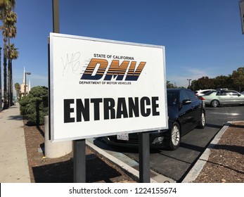 LOS ANGELES, NOV 3rd, 2018: Close up of the DMV Entrance sign at the parking lot of the DMV field office in Culver City, California.