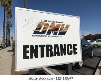 LOS ANGELES, NOV 3rd, 2018: Close up of the DMV Entrance sign at the parking lot of the DMV field office in Culver City, California.