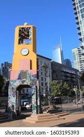 LOS ANGELES - NOVEMBER 2019: Clock Tower, Grand Hope Park In November 2019 In Los Angeles. The Clock Tower Welcomes Visitors And Students To The Fashion Institute Of Design & Merchandising In The Park