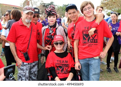 LOS ANGELES - OCT 16:  Mari Winsor (in Wheelchair), Friends, And Toni Basil In Stripped Headscarf At The Los Angeles Walk To Defeat ALS At The Exposition Park On October 16, 2016 In Los Angeles, CA