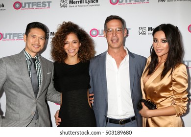 LOS ANGELES - OCT 23:  Harry Shum Jr, Sherri Saum, Tom Ascheim, Shay Mitchell At The 2016 Outfest Legacy Awards At Vibiana On October 23, 2016 In Los Angeles, CA