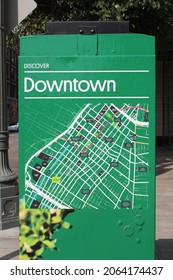 LOS ANGELES - OCTOBER 2021: Map Of Downtown Los Angeles On A Utility Box In October 2021 In Los Angeles.