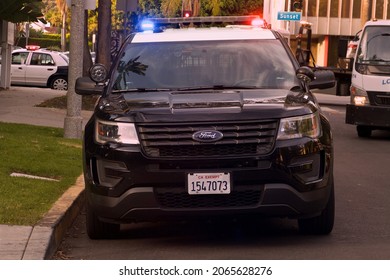 Los Angeles - October 24, 2021:
LAPD Police Suv Cruiser With Flashing Lights At Scene Of Traffic Accident