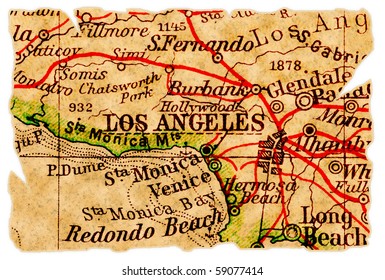 Los Angeles On An Old Torn Map, Isolated. Part Of The Old Map Series.