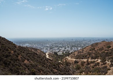 Los Angeles Panorama From Hollywood Hills On A Bright Blue Hazy Day In July. City Hiking Trails In California