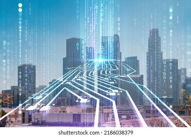 Los Angeles panorama skyline of downtown at day time, California, USA. Skyscrapers of LA city. Hologram of Artificial Intelligence concept. AI and business, machine learning, neural network, robotics