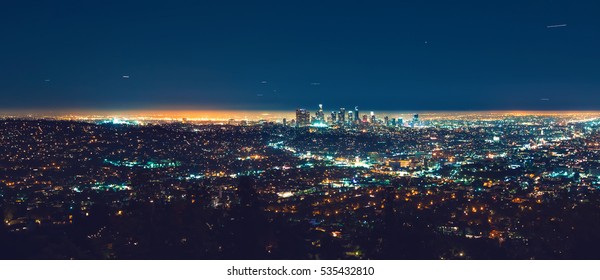 Los Angeles Panoramic Cityscape At Night With View Of Downtown LA