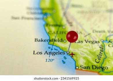 Los Angeles pin map. Close up of Los Angeles map with red pin. Map with red pin point of Los Angeles in California, USA.