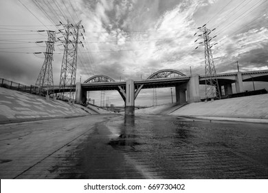 The Los Angeles River And Recently Demolished 6th Street Bridge Near Downtown Los Angeles In Black And White.  