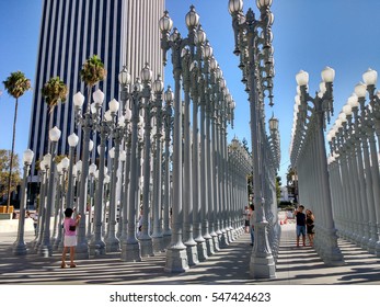 LOS ANGELES, SEP 10, 2016: Chris Burden's Urban Light artwork, consisting of two hundred and two cast iron antique street lamps, at LACMA, Los Angeles County Museum of Art.