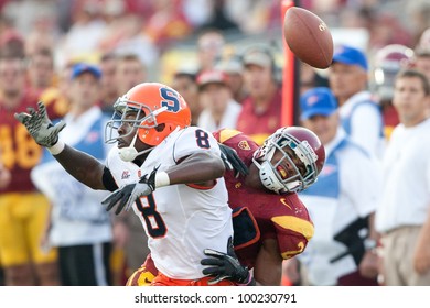 LOS ANGELES - SEP 17: USC Trojans WR Robert Woods #2 & Syracuse Orange CB Keon Lyn #8 During NCAA Football Game Between The Syracuse Oranges & The USC Trojans On Sep 17 2011 At The Memorial Coliseum.