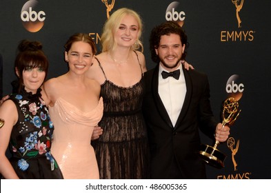 LOS ANGELES - SEP 18:  Maisie Williams, Emilia Clarke, Sophie Turner, Kit Harington at the 2016 Primetime Emmy Awards - Press Room at the Microsoft Theater on September 18, 2016 in Los Angeles, CA