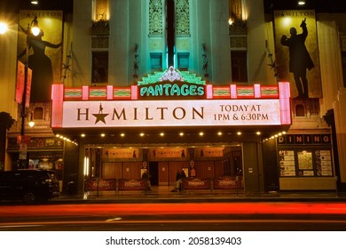 Los Angeles - September 26, 2021: Hamilton Broadway Play On The Pantages Theatre Neon Marquee In Hollywood Night Exterior