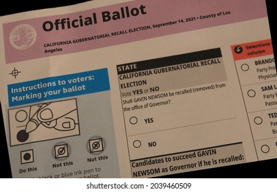 Los Angeles - Septmber 10 2021: Selective Focus Of California Gubernatorial Recall Election Blank Ballot 