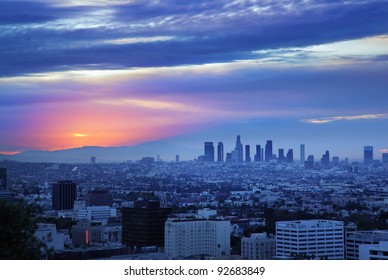 Los Angeles Skyline At Dawn, View From Hollywood Hills.