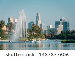 The Los Angeles skyline and lake at Echo Park, in Los Angeles, California