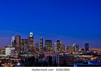 Los Angeles Skyline At Night Against A Rare Clear Blue Sky